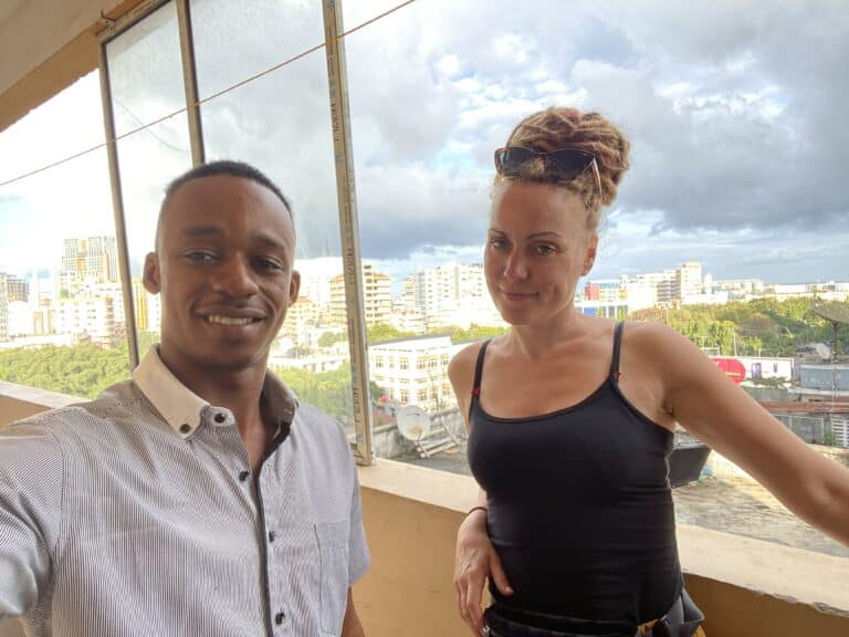 researcher Andrea Hollington and research assistant Faris Ramadhani in Kariakoo,